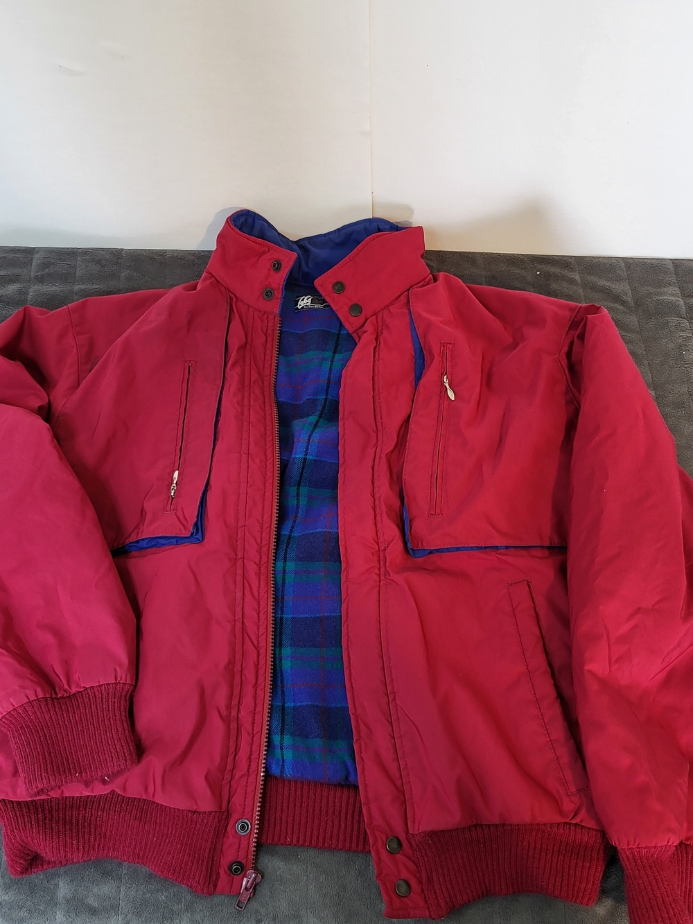 Pendleton Lobo Men's Red Bomber Jacket with Blue Plaid Lining Medium